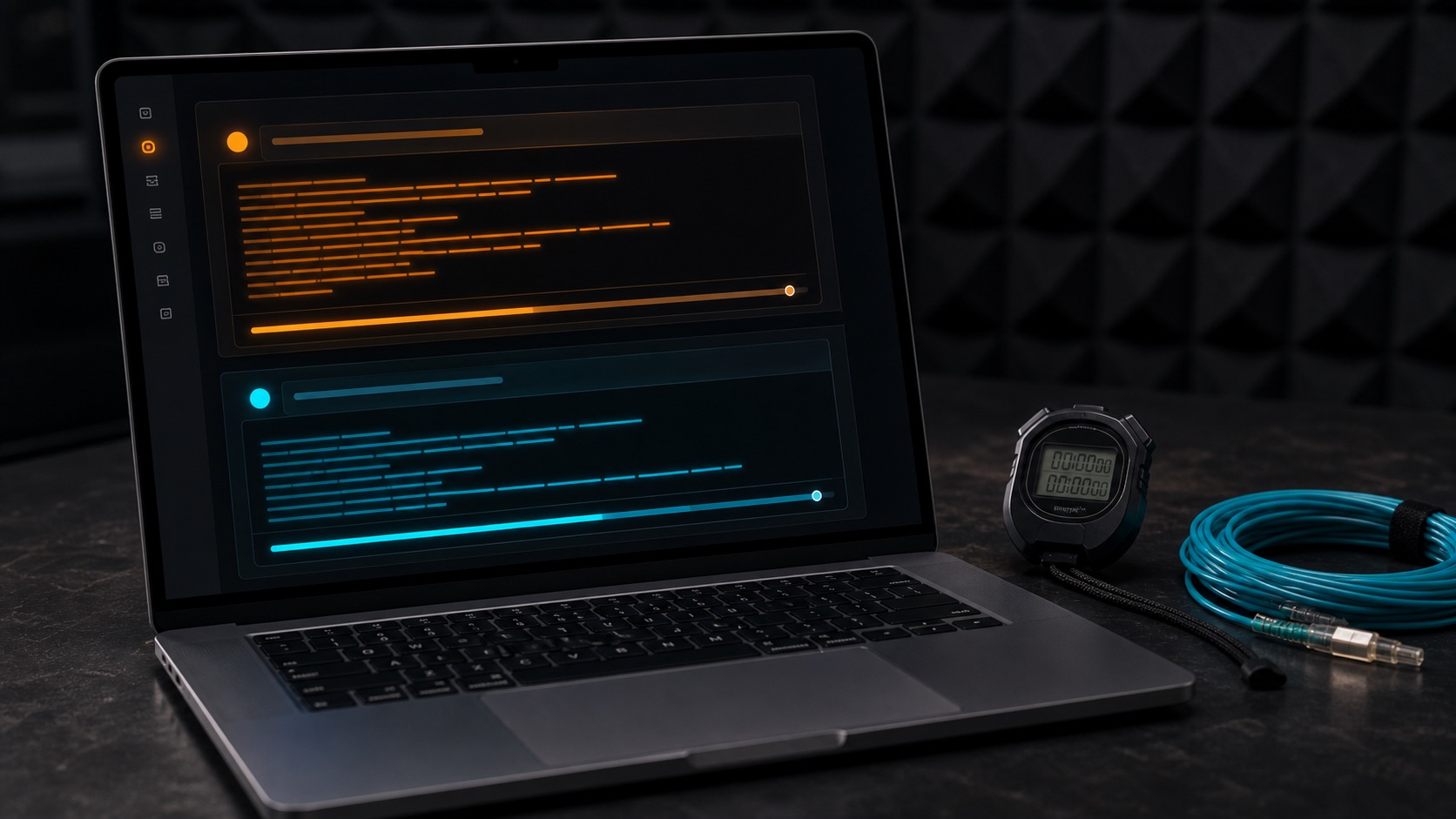 Real laptop speed race with a physical stopwatch and fiber cable on a dark bench