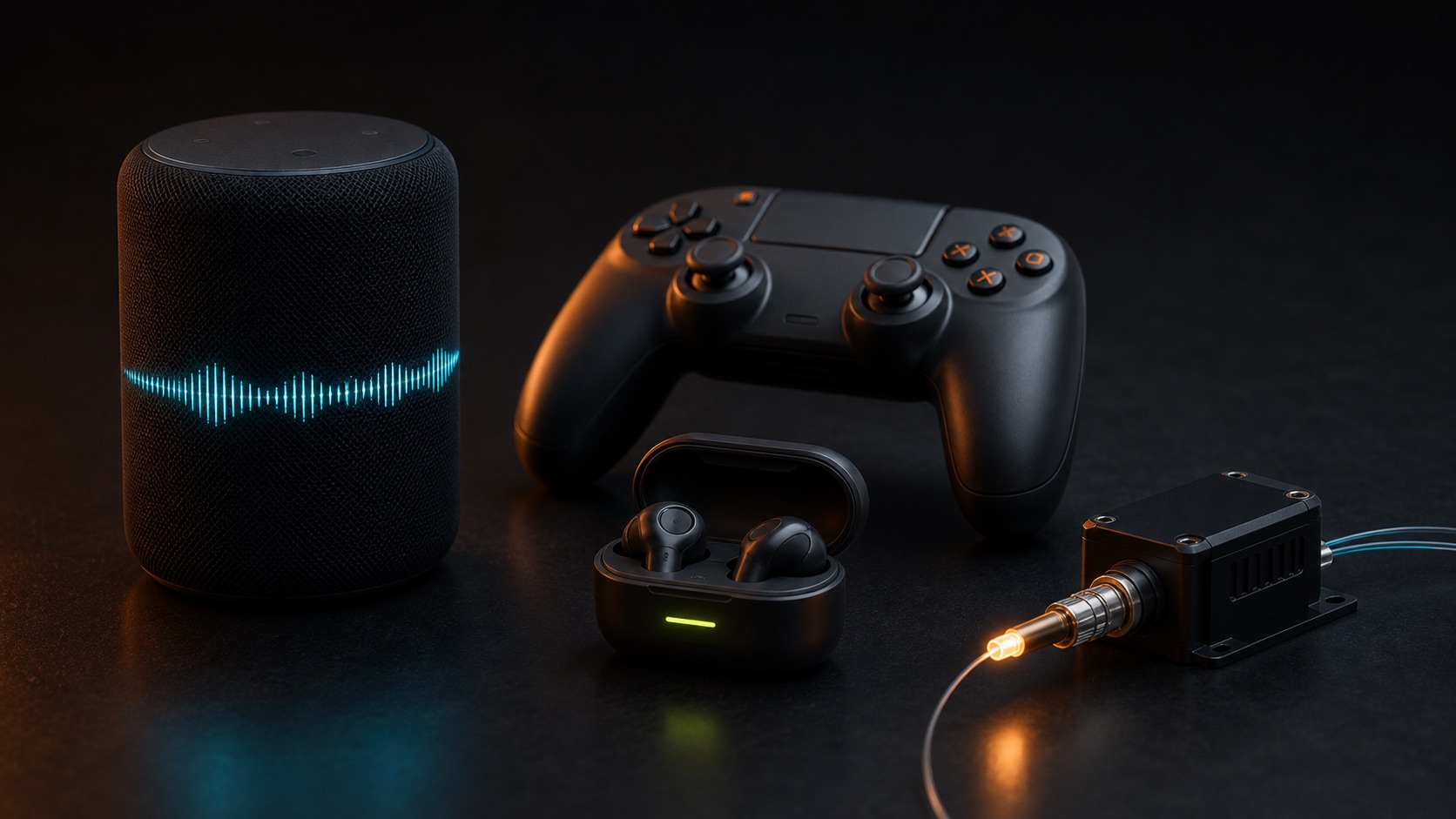 Physical smart speaker, game controller, earbuds, and industrial sensor for AI use cases