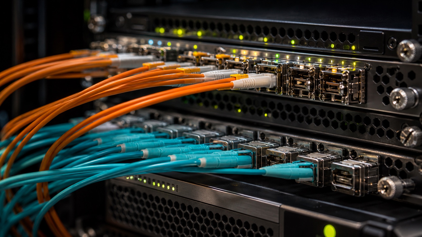Fiber patch panel with orange and cyan cables routing requests through network hardware