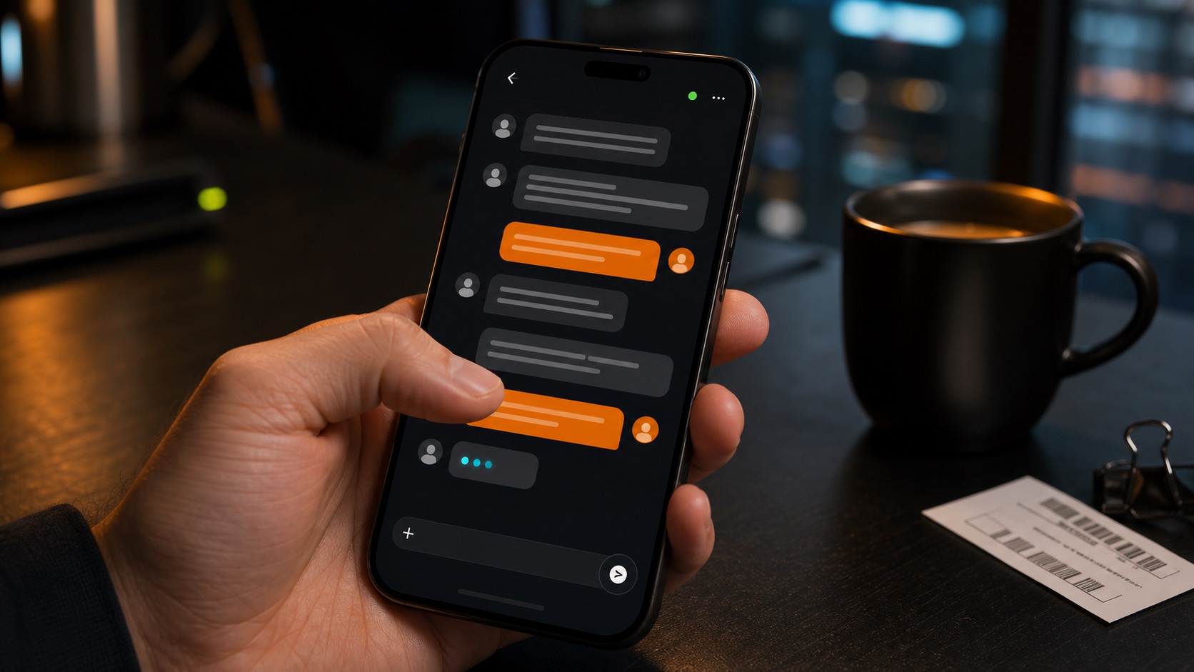 Smartphone support conversation with abstract message bubbles and a fast typing pulse
