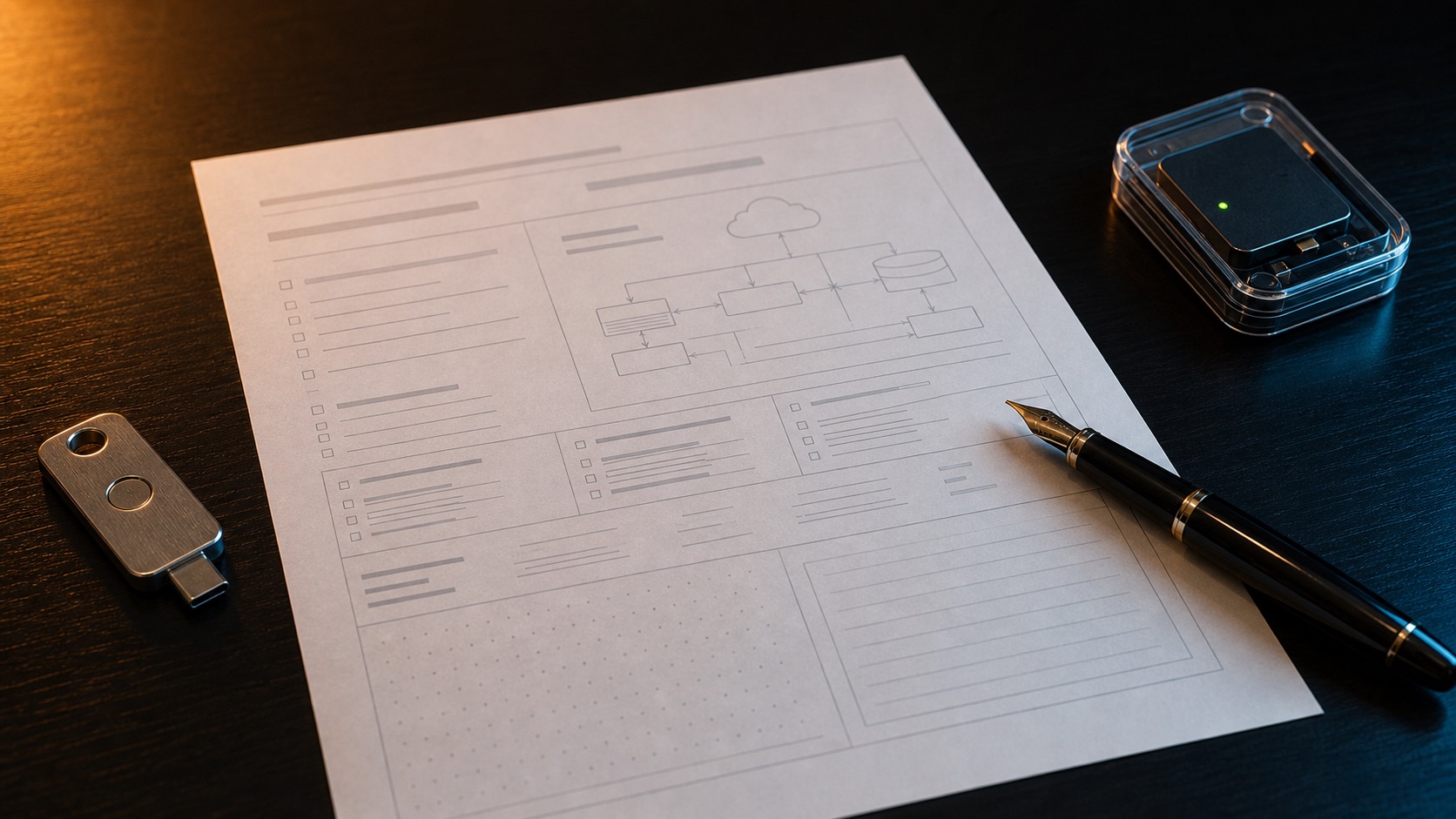 Paper workload intake worksheet with pen and secure hardware token on a dark desk