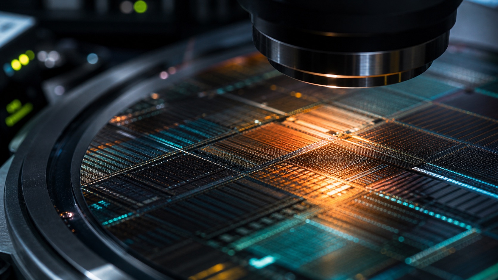 Macro photograph of AI accelerator silicon under laboratory inspection optics